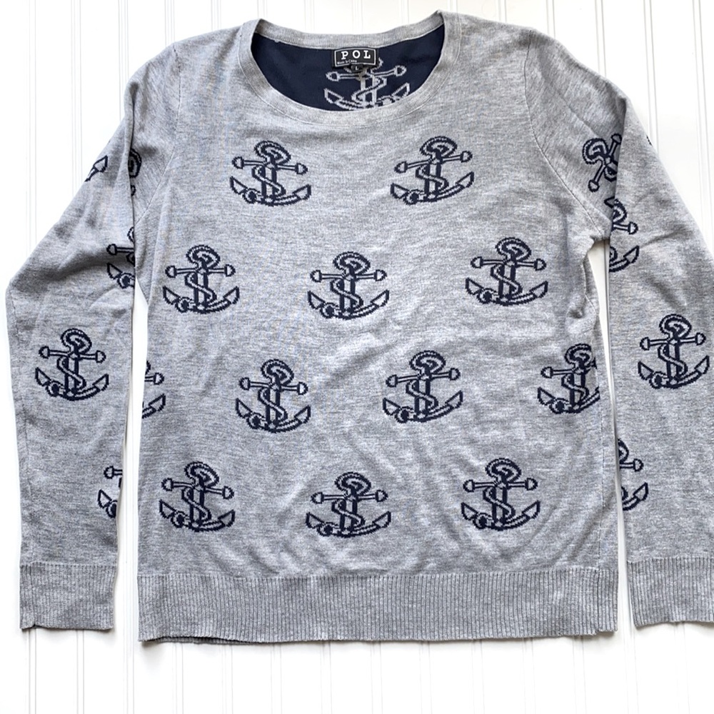 POL gray anchor crew neck sweater size L